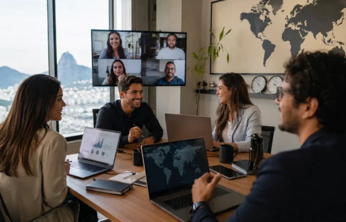 Equipe em reunião de trabalho com videoconferência internacional, representando a exportação de serviços.
